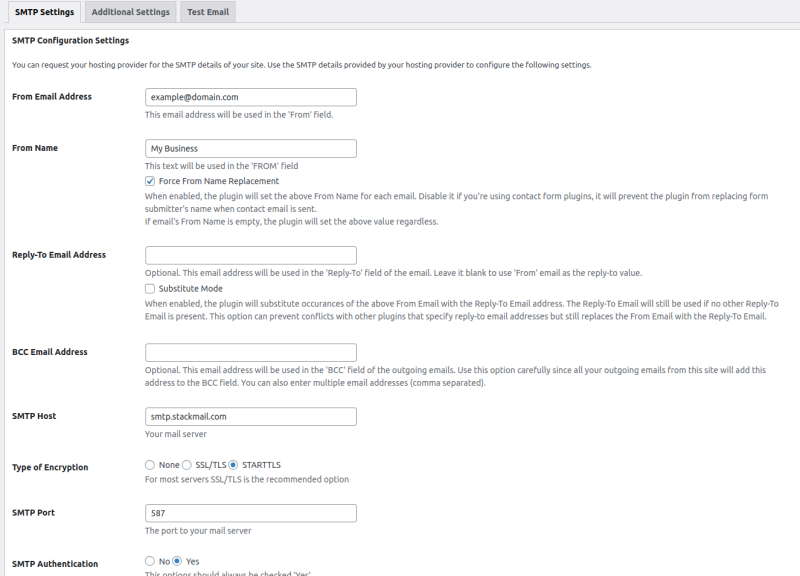 Easy WP SMTP plugin in settings account