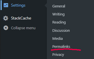 The permalinks menu in the WordPress dashboard to fix 404 error